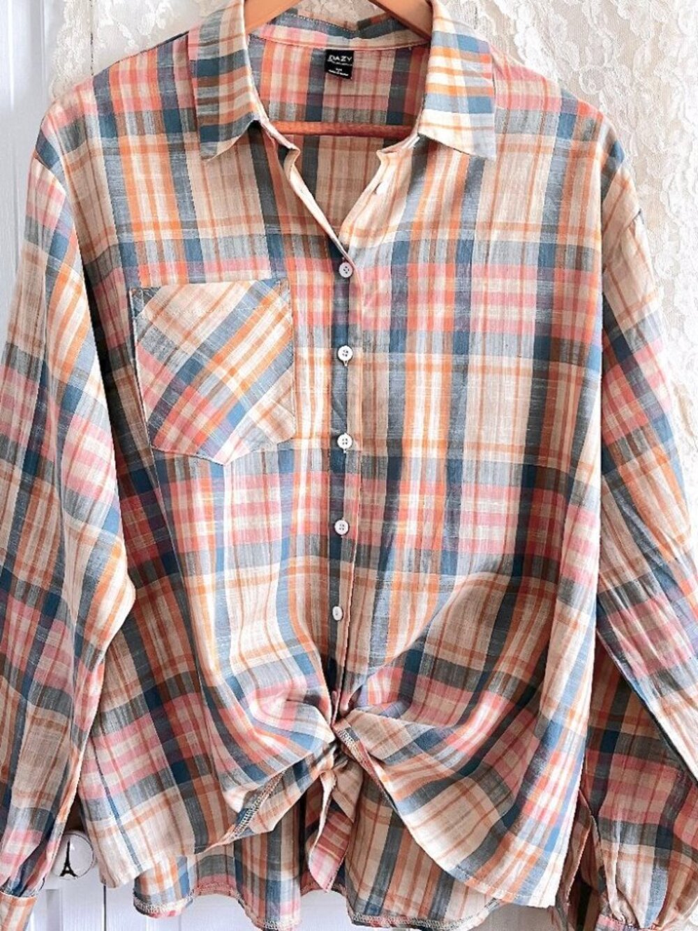 HOT DEAL - Women's Pastel Plaid Long Sleeved Button Down Blouse - Size L